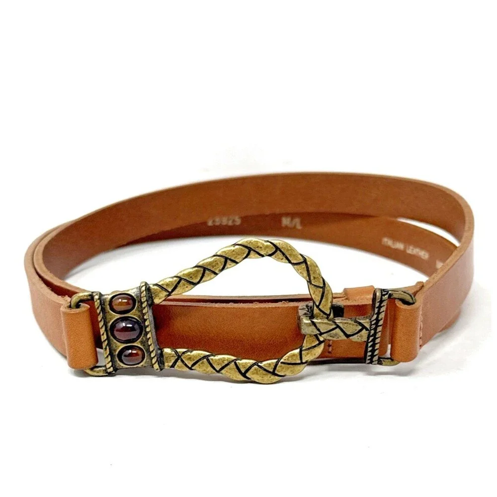 CHICO'S Leather & Brass Hook Buckle Belt Womens M/L Brown Gemstones Adjustable